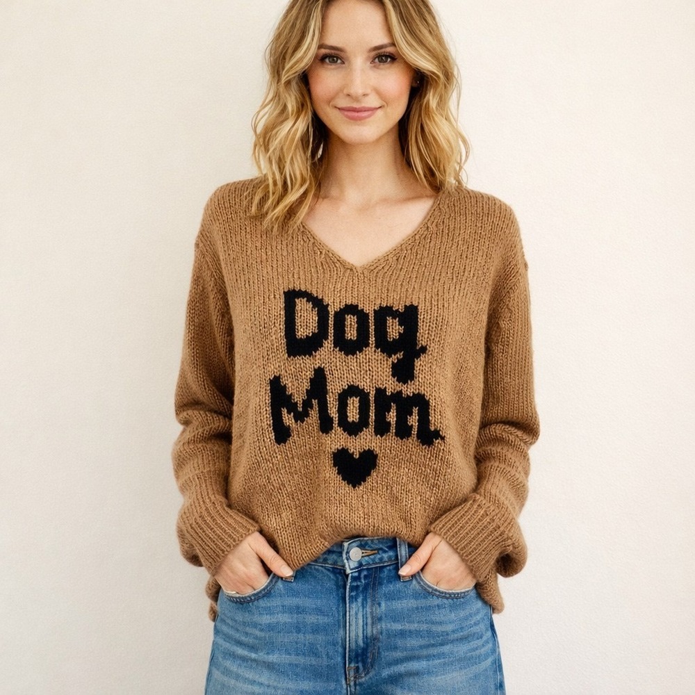 WOODEN SHIPS Paola Buendia Size M/L Brown Wool-Blend V-Neck DOG MOM Sweater NWT